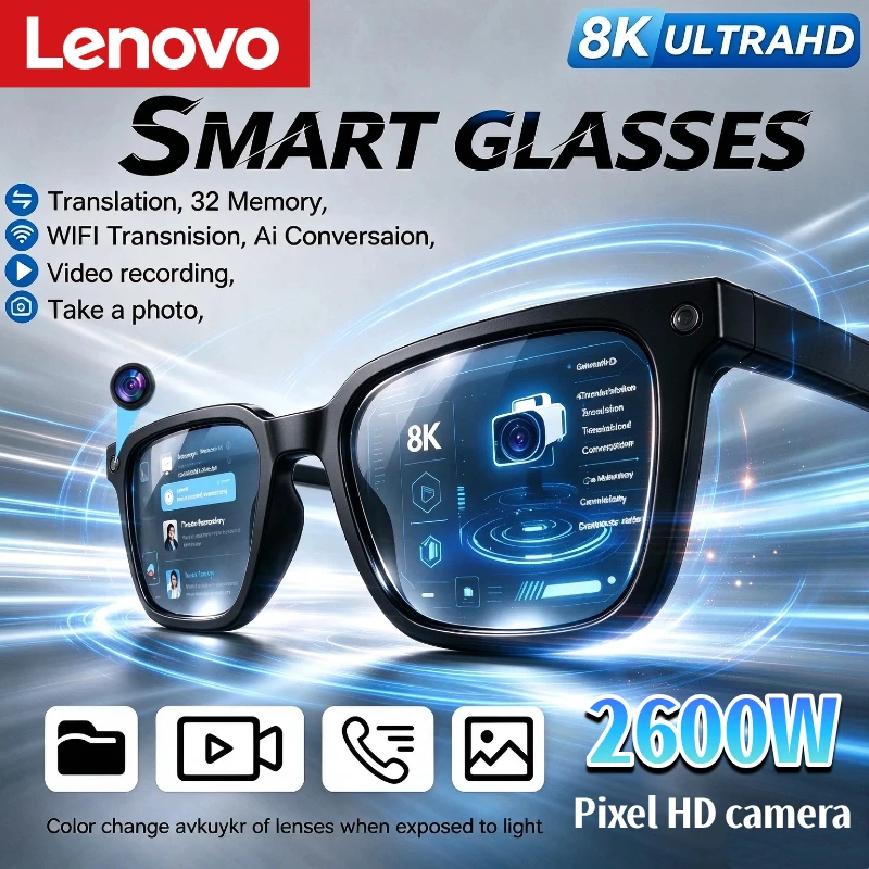 Lenovo 2027 New AI Smart Glasses 2600W HD 8K Camera Shooting Image Bluetooth Call Recording Translation Music Smart Sunglasses