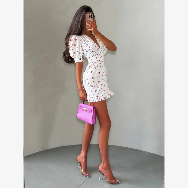 Chic Printed Slim Fit Mini Dress Women Elegant V-neck Puff Short Sleeves Waist Cinching Dresses 2026 Summer Lady Party Robes New