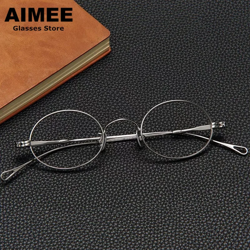 2024 New Small Oval Round Pure Titanium Glasses Frame Men Women Ultralight Eyeglasses Japanese Handmade Blue Light Spectacles