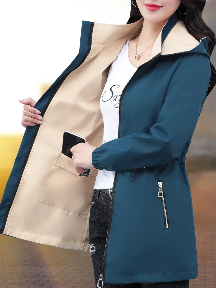 

Double-Sided Wear Ladies' Mid-Length Spring Autumn Casual Loose Faionable Windbreaker Coat Polyester Fiber Long Sve