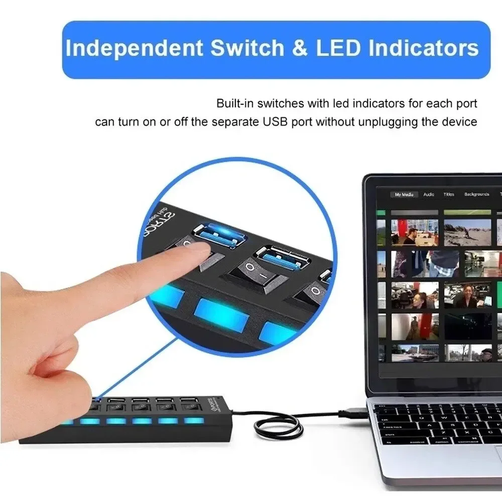 USB-концентратор, 7-портовый мульти-USB-сплиттер, адаптер питания, несколько расширителей с выключателем для ПК, ноутбуков, MacBook, аксессуары