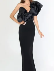 Black Ruffle Asymmetrical Collar One Shoulder Tight Bandage Maxi Dress Women Sexy Backless Sleeveless Cocktail Party Gown