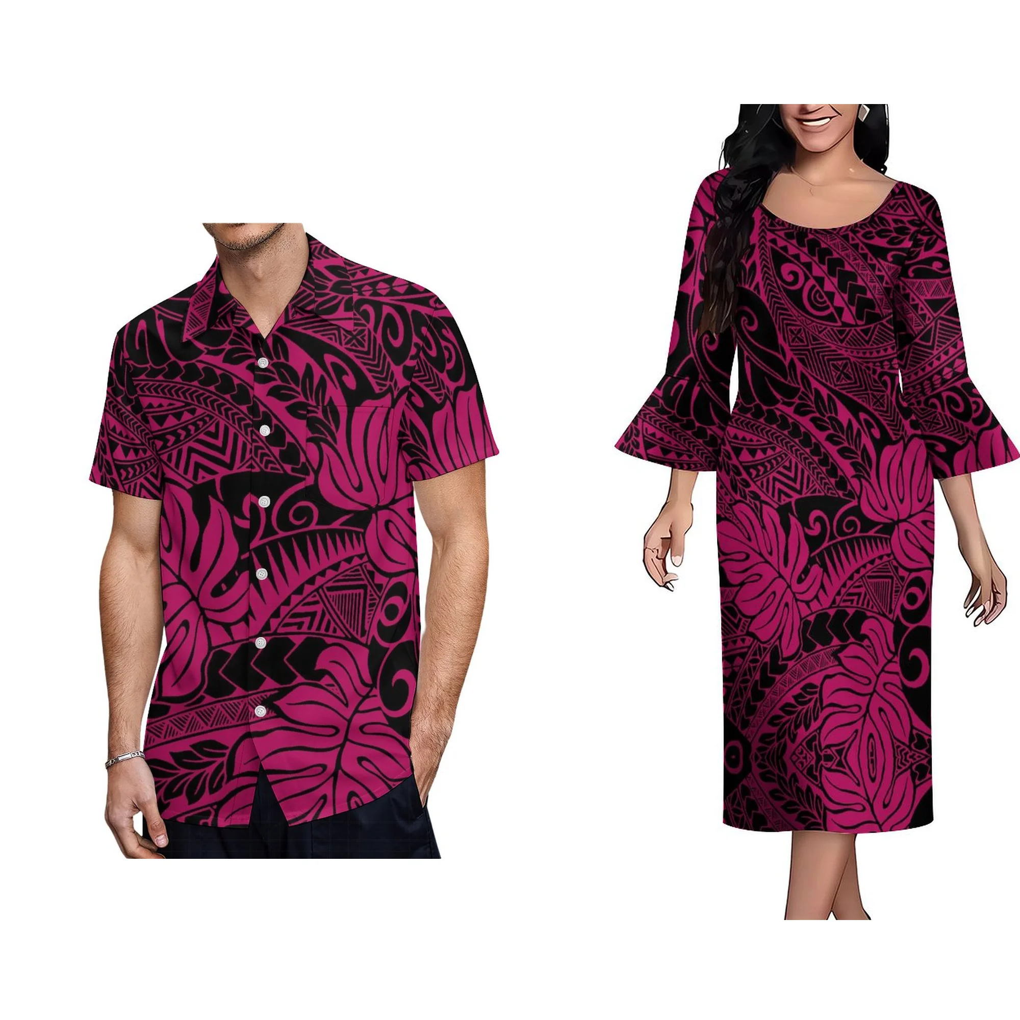 New Island Style Polynesian Dress Women Elegant Crew Neck 3/4 Flare Sleeve Dress Custom Autumn Plus Size Womens Clothing