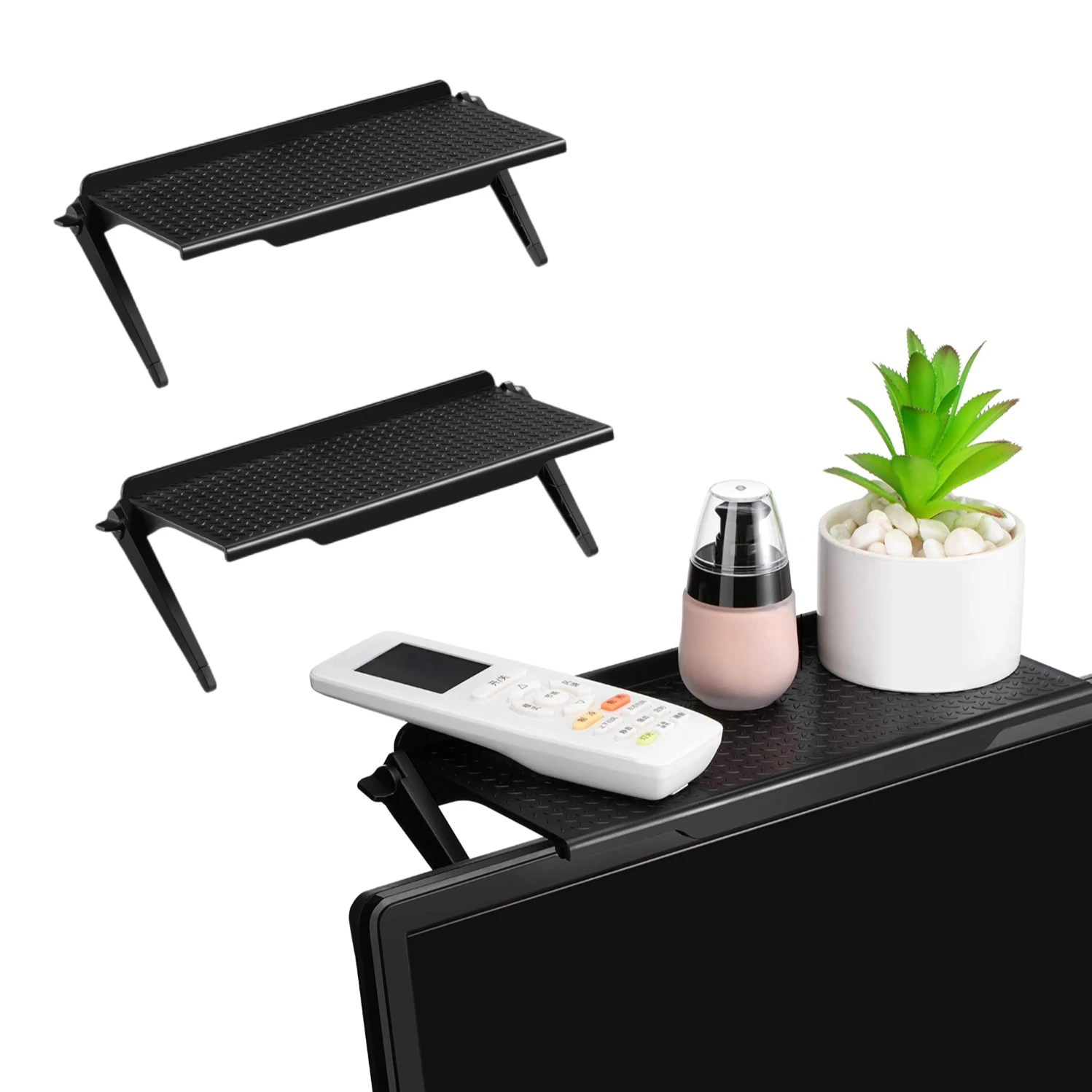 Screen Top Shelf TV Top Storage Bracket 2-Leg Adjustable Monitor Top Shelf for Cellphone Stand, Media Boxes, Router, Game Consol