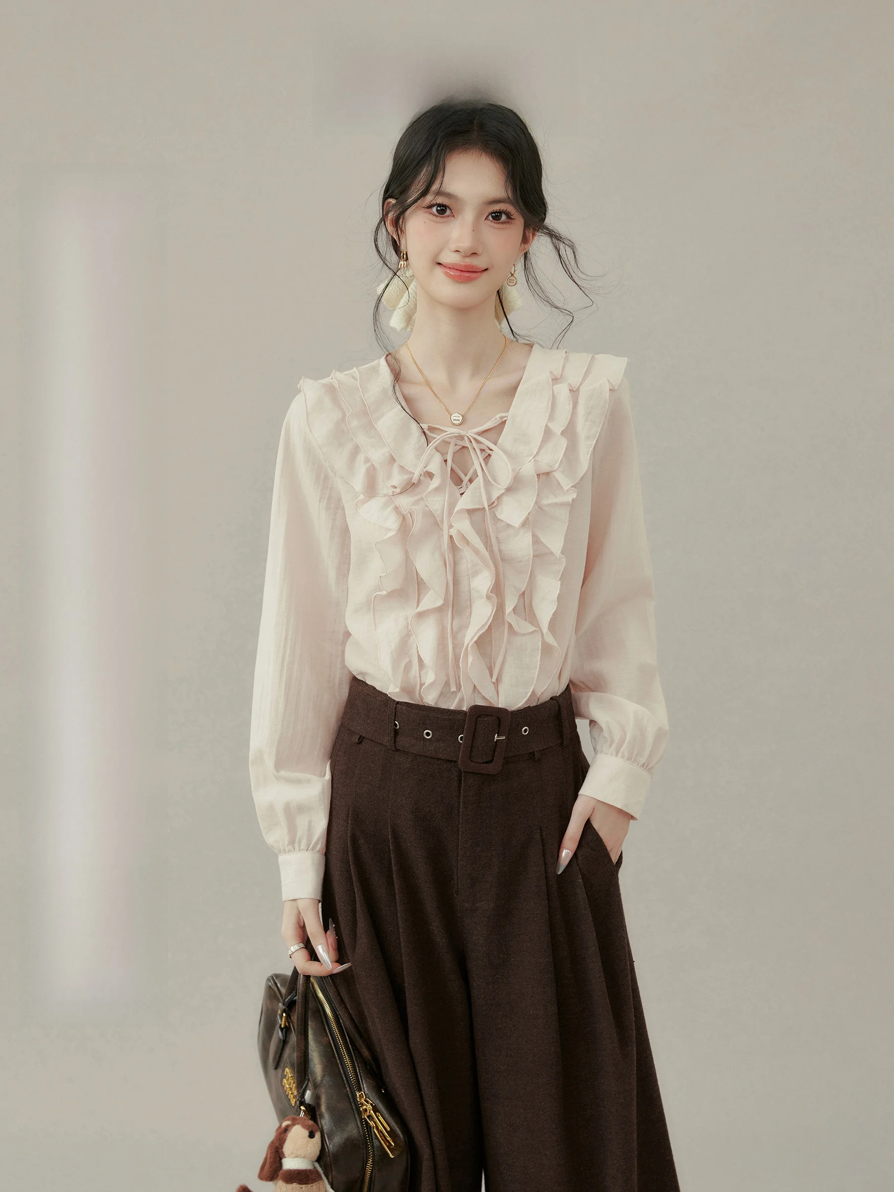 

Женская блузка Ele Long Sve с мягким розовым воланом по низу, больших размеров, модная, деловая, повседневная, осенняя коллекция