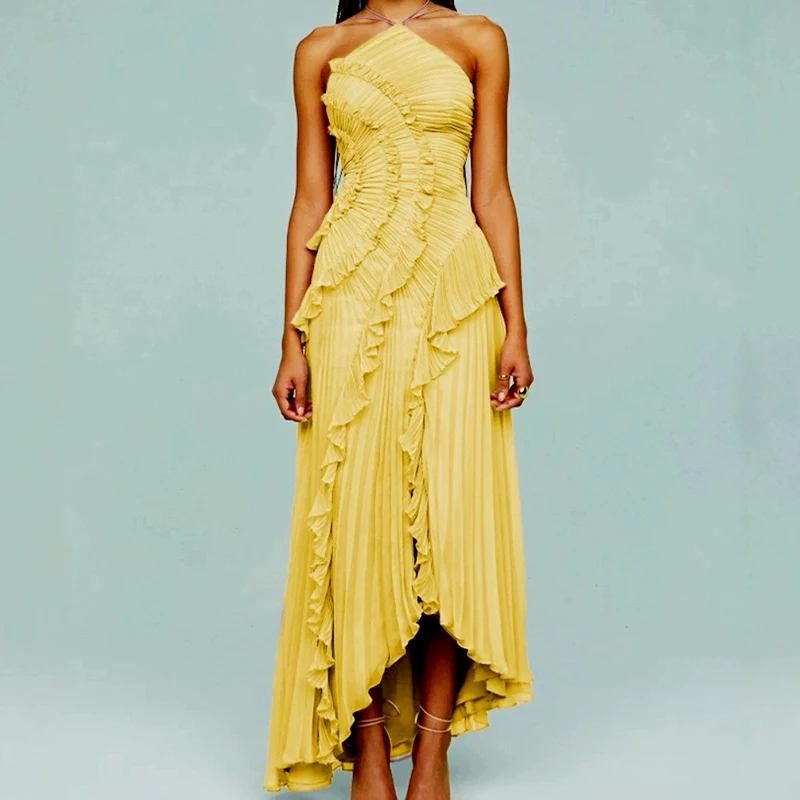 Abito lungo plissettato con volant da donna elegante senza maniche Halter irregolare a strati pieghettato fluido al ginocchio maxi abiti da festa di nozze