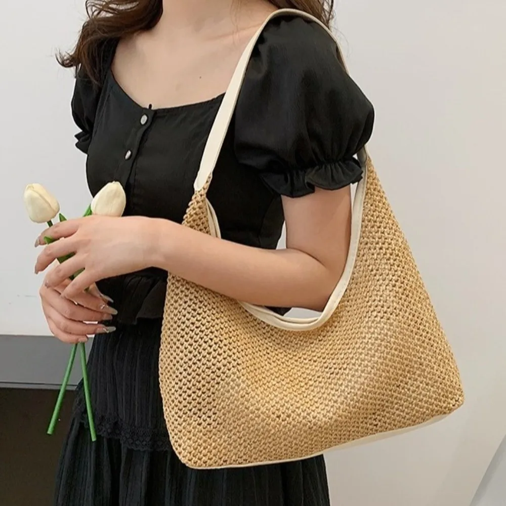 

Cute Solid Color Weave Straw Bag Bohemian Style Handmade Beach Handbag Tote Bag Bucket Bag Shoulder Bag Holiday