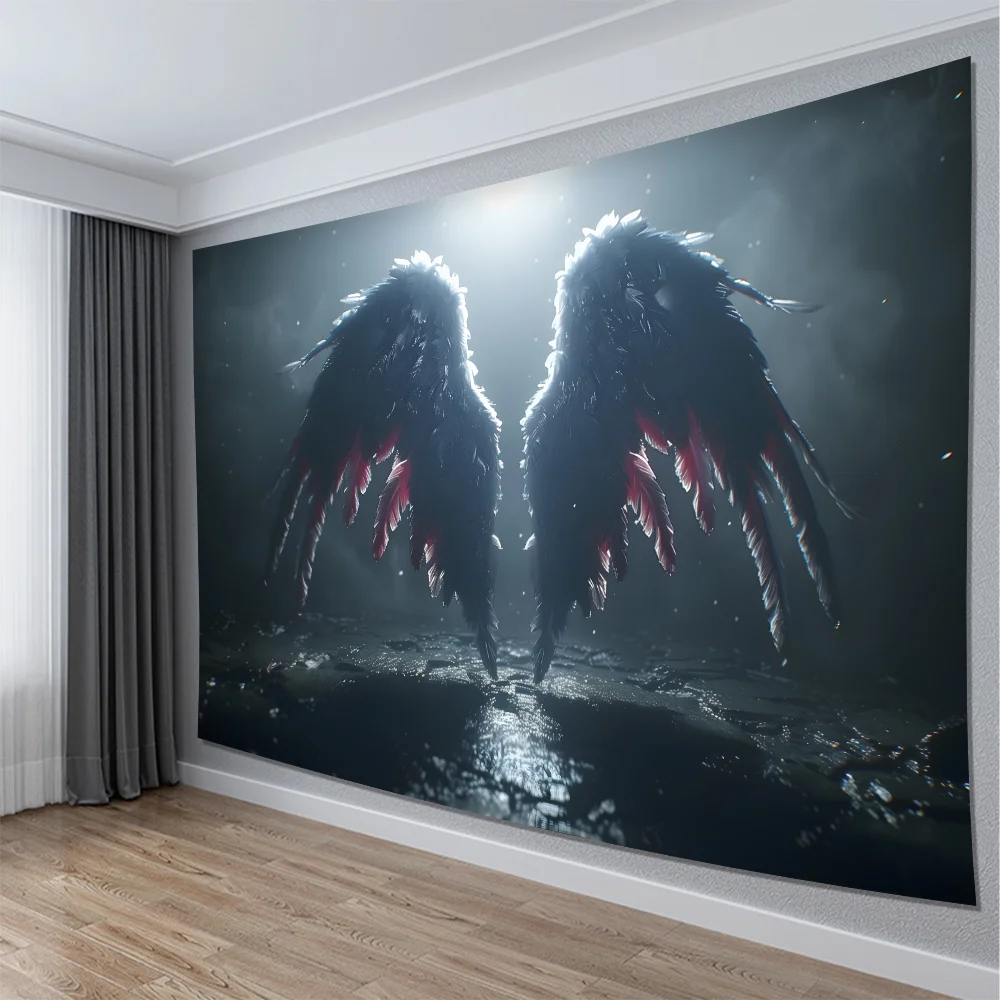 Dark Angel Wings Tapestry, Black Feather Gothic Wall Hanging, Edgy Fantasy Room Decor, Mysterious Wings Bedroom Background Cloth