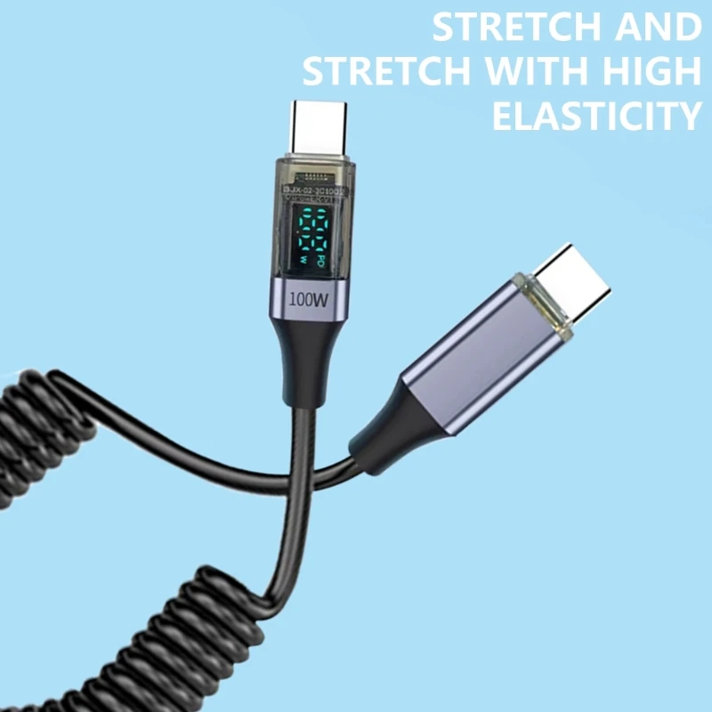 PVC USB C PD100W Data Cable with Dynamic Power Display, 100W Fast Charging Capability Retractable Cord D2RC