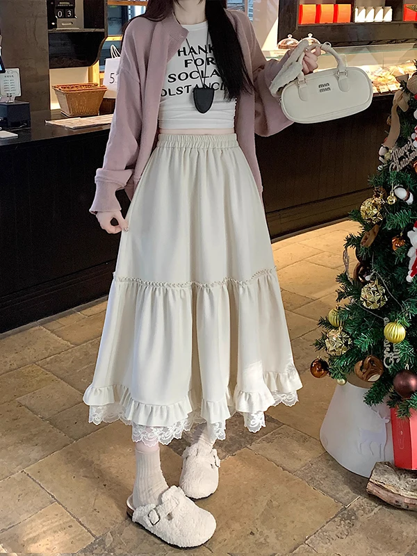 

Элегантная романтичная женская юбка миди с высокой талией, кружевной отделкой и А-образным силуэтом, универсальная, нежная, летняя, премиум-класса