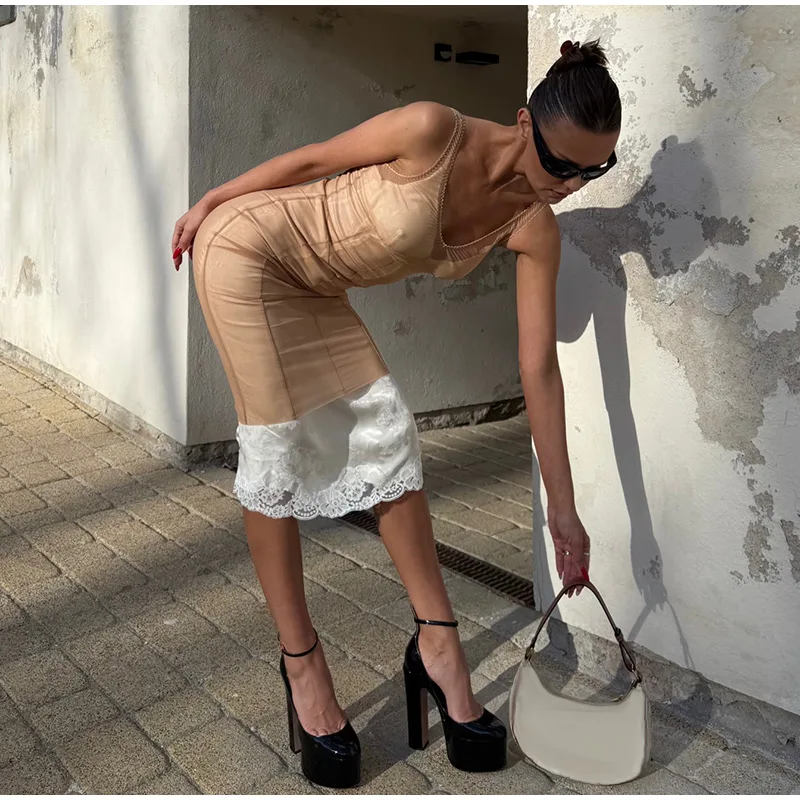 2026 Summer Sheer Mesh Overlay Spaghetti Strap Midi Dress Waist Cinched Sleeveless Women Accessories Versatile Chic Lady Outfit