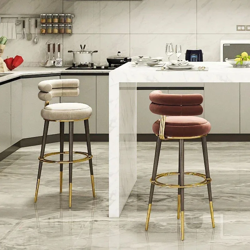 Cadeira de barra giratória em aço inoxidável, cadeiras com pés altos para cozinha, Modern Minimalist Home Back, tecido italiano, luxo