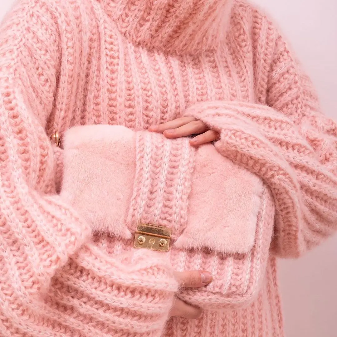 Oversize puszysty sweter damskie sweter z dzianiny z golfem typu Streetwear z długim rękawem luźne topy na co dzień odzież damska nowy różowy sweter