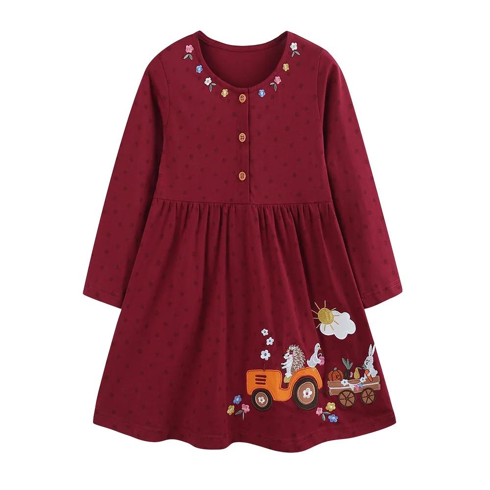 Jumping Meters Princess Girls Long Sleeve Dress 2-7T Cars Animals Embroidery Autumn Spring Buttons Children's Party Frocks