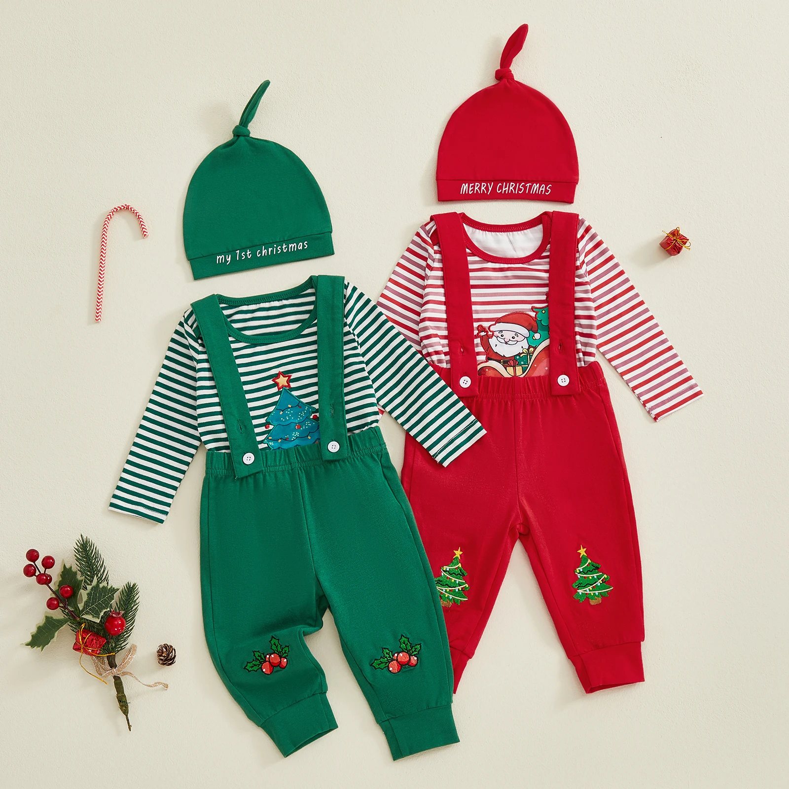 

2026 Новогодний детский рождественский наряд, зимний свободный крой, комбинезон с круглым вырезом и длинными рукавами, штаны на подтяжках и кепка, комплект из 3 предметов