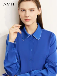 AMII Minimalism Shirts Women Autumn 2022 New Panelled Design Satin Long Sleeve French Style Klein Blue Clothing Tops 12270283