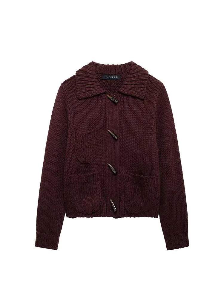 

SIYANG Women Fashion With Pockets Wine Red Single Breasted Knitted Jacket Vintage Lapel Neck Long Sleeves Female Chic Outfits