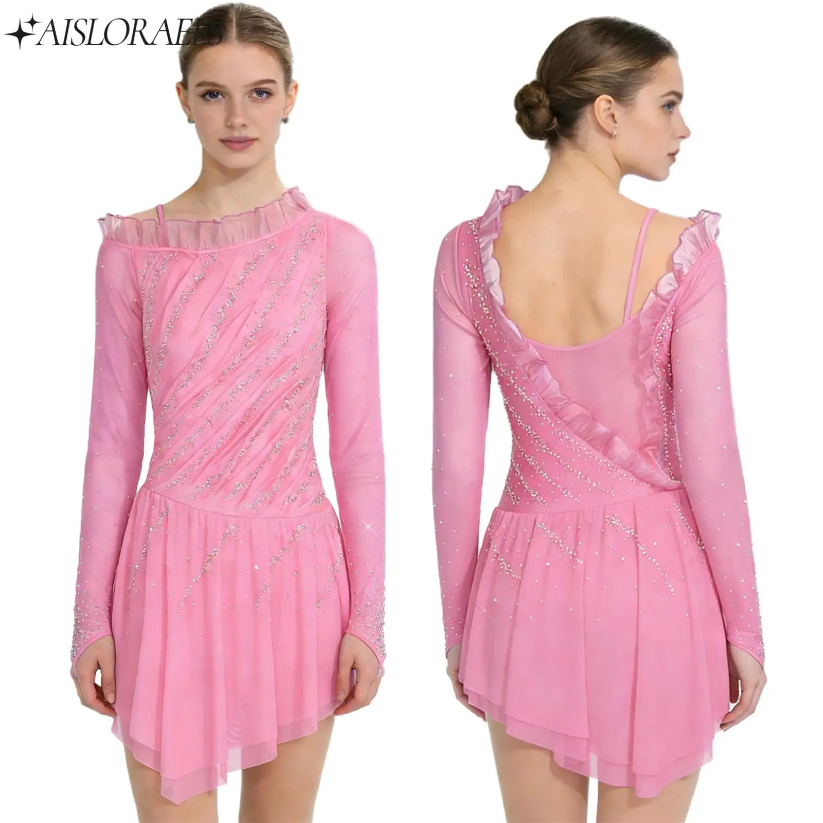 

Women‘s Ice Figure Skating Dance Dress Long Sleeves Rhinestones Mesh Dress Ballet Lyrical Modern Dance Stage Performance Costume