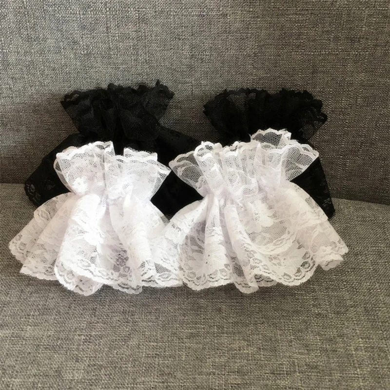 New Lolita Hand Sleeve Wrist Cuffs Ruffled Floral Black Lace Elastic Bracelet Elegant Ladies Short Lace Gloves Halloween