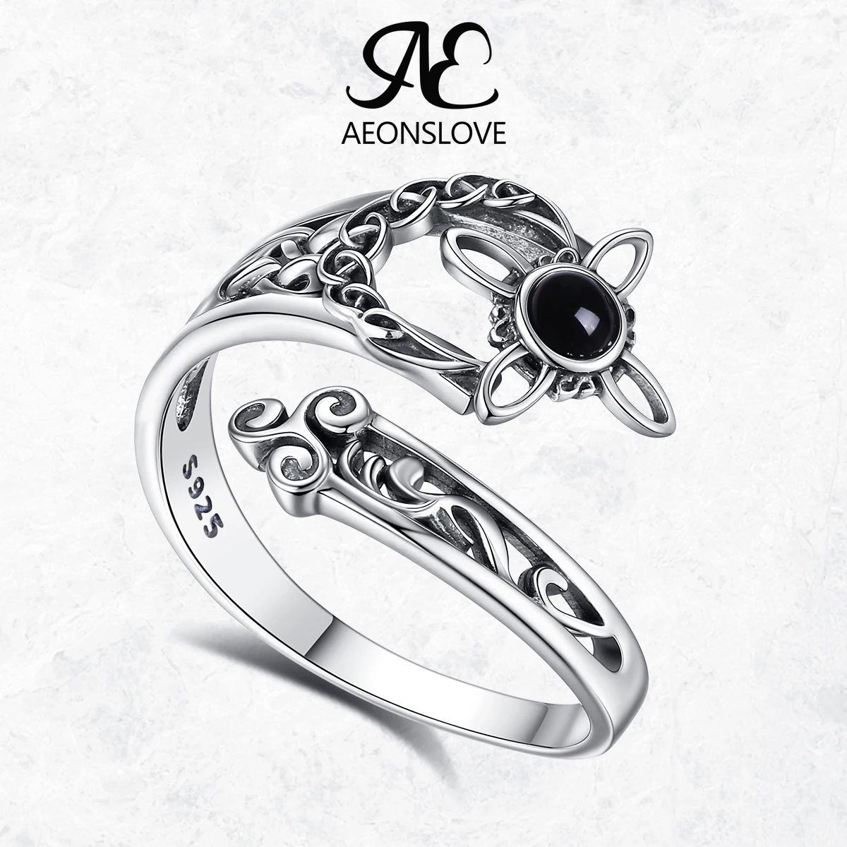 

AEONSLOVE Original 925 Sterling Silver Witch Knot Adjustable Ring Obsidian Triple Spiral Open Ring Wicca Pagan Jewelry for Women