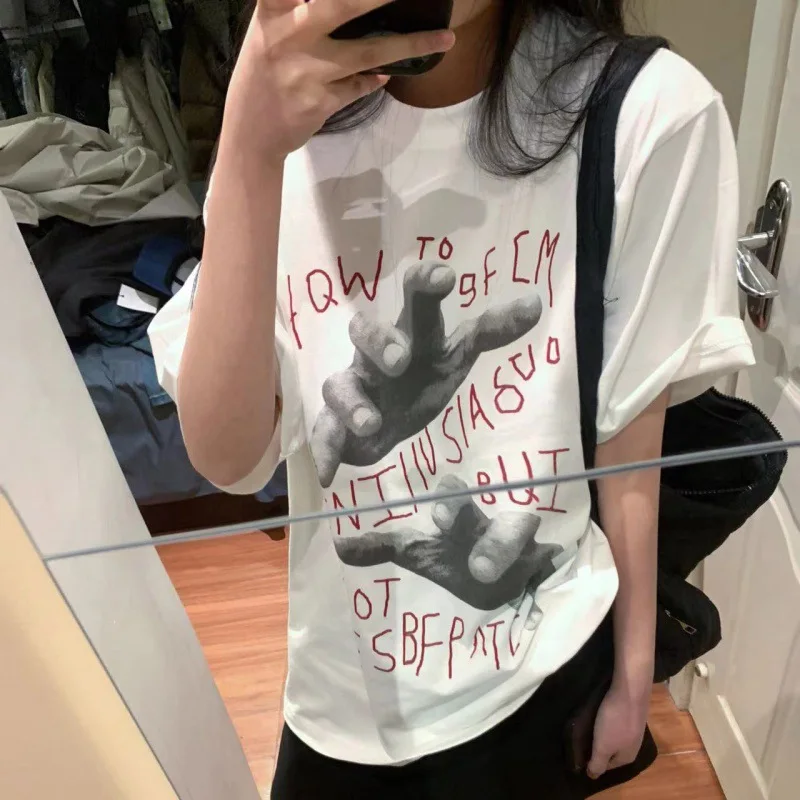 American Retro Finger Letter Printed Women's Summer Short-sleeved T-shirt Loose Hiphop Cotton Casual Top White Oversized Clothes