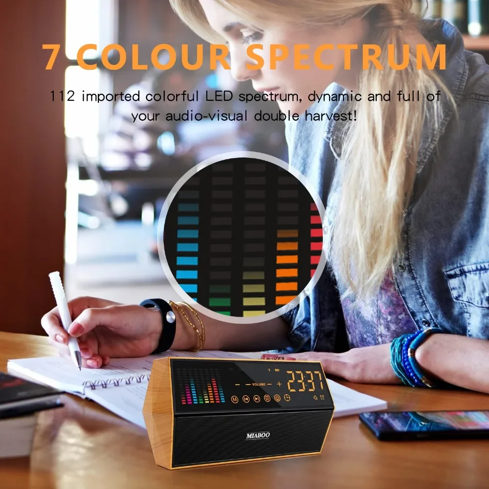 Retro Wooden Bluetooth Speaker FM Radio Colorful Spectrum Display 10W Stereo