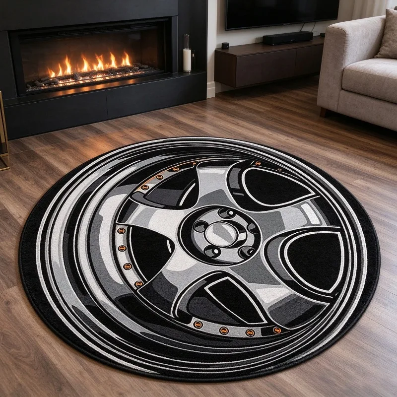 Creative Wheel Round Rug Racing Wheel Rim Personalized Floor Mat Trendy Decorative Carpet for Gaming Room Bedroom Soft Washable