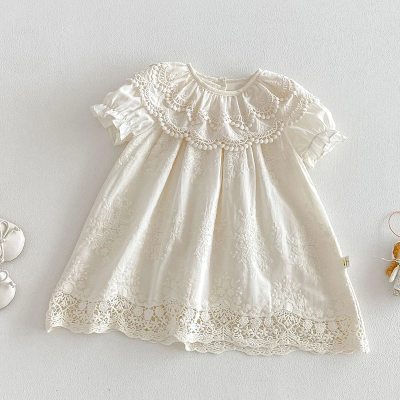 2026 New Summer 2-6Yrs Baby Girl Birthday Party Dress Short Sleeved Cotton Solid Color Embroidery Kids Princess Dresses