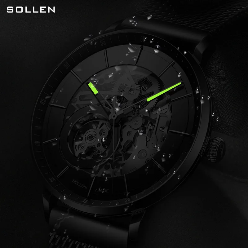 SOLLEN Men Watch Fashion Skeleton Dial Creative Mechanical Watches Mesh Strap Sports Watch For Men Clock Relogio Masculino Reloj