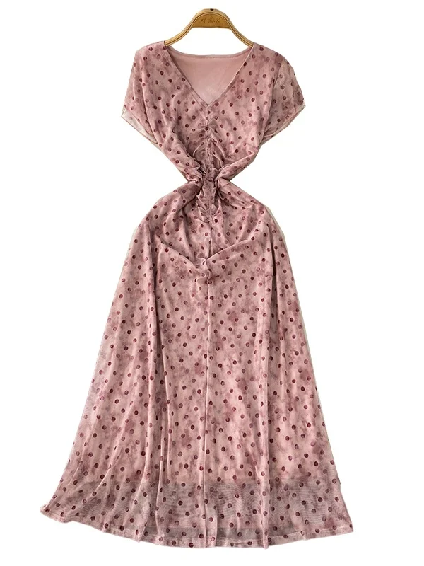 Roze Polka Dot V-Ne ort Sve Dames Dr Zomer A-lijn Midi Rok Verzamelde Taille Afslanken Me Pendelen Sle Hoge Taille