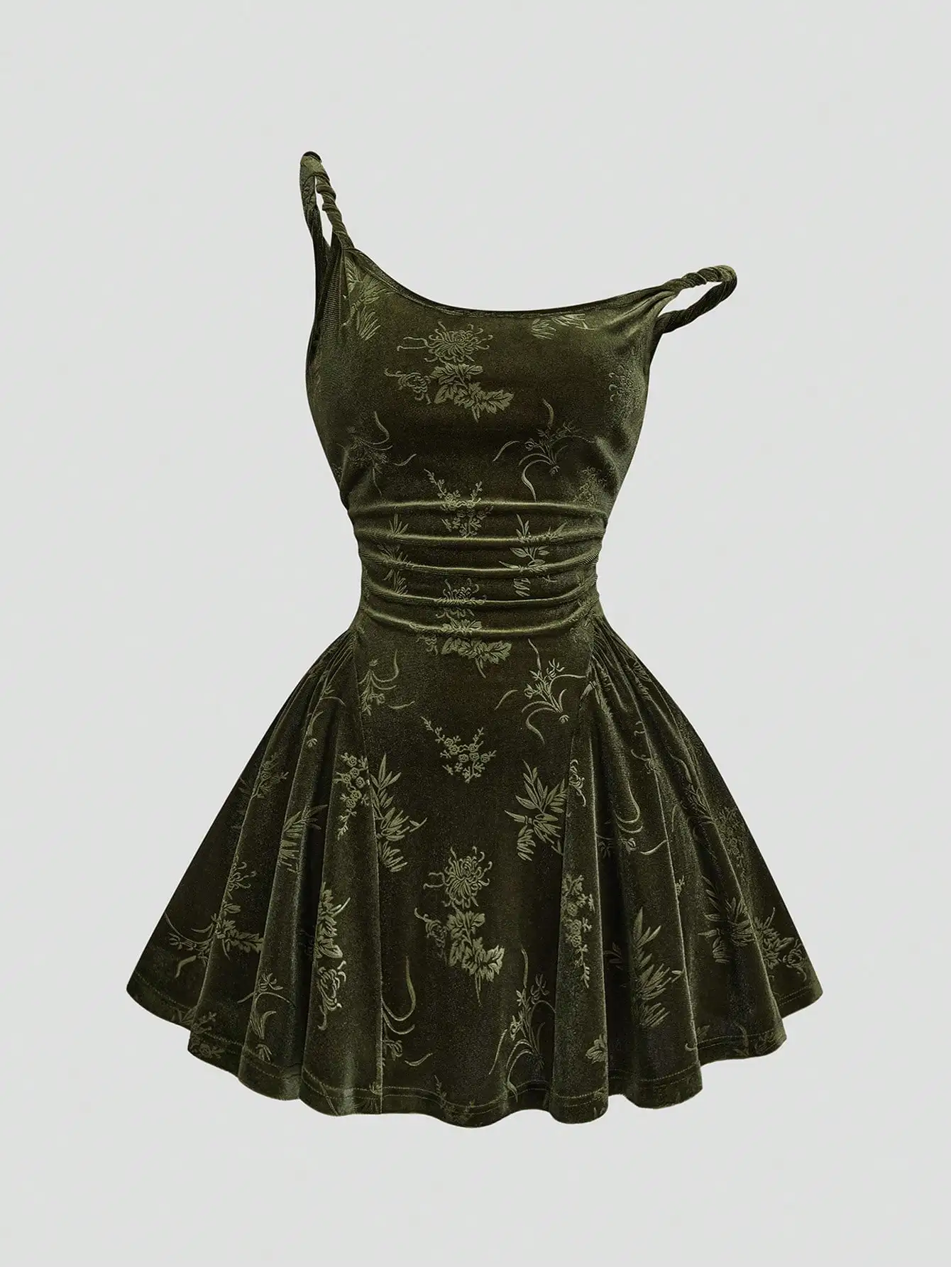 

Оливково-зеленое бархатное платье А-силуэта с цветочным тиснением и перекрученными бретелями