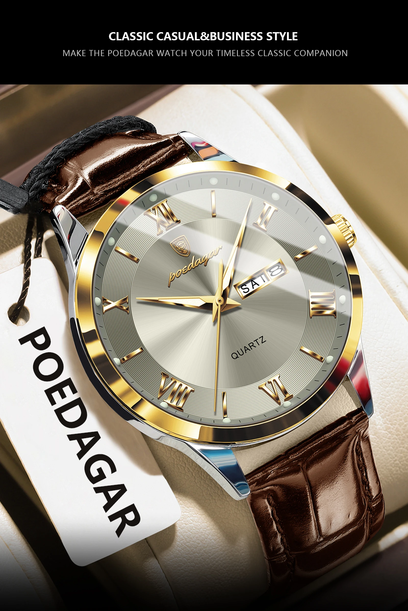 POEDAGAR Original Mode Uhr Für Mann Leder Datum Woche Quarz Männer Uhr Wasserdicht Leucht Business herren Uhren Männlich Reloj – Detail 6