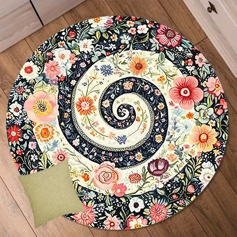 Vibrant Spiral Floral Round Rug Swirl Blossom Print Floor Mat Boho Art Home Decor Carpet for Living Room Bedroom