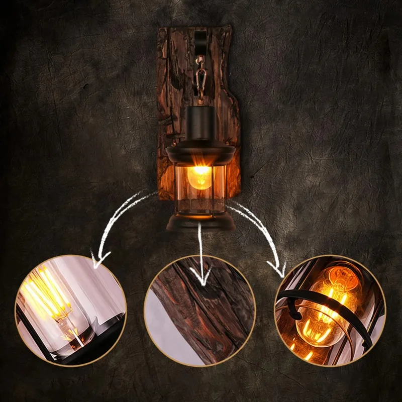 

Antique New Style Industrial Wood Wall Sconce Light Rustic Wall Lamp Decorate Wall Light Iron Metal Art for Bar Loft Corridor