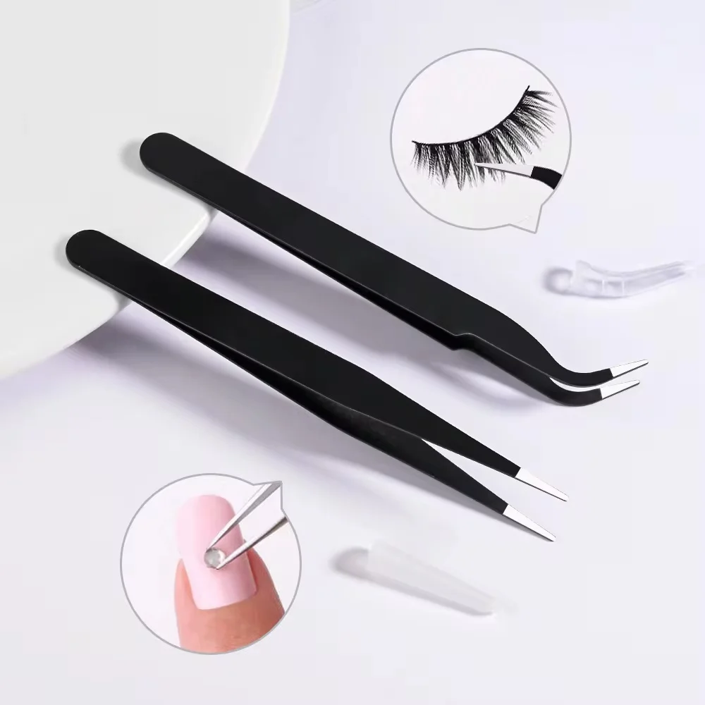 Pince à épiler en acier inoxydable avec outils de beauté inclinés, pince à épiler incarné, pince à épiler pour greffage de cils, 1/2 pièces