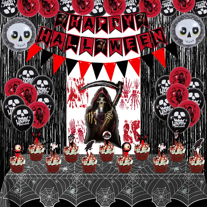 

Halloween Horror Skeleton Ghost Black and Red Balloon Banner Tablecloth Set Halloween Party Home Decor Supplies