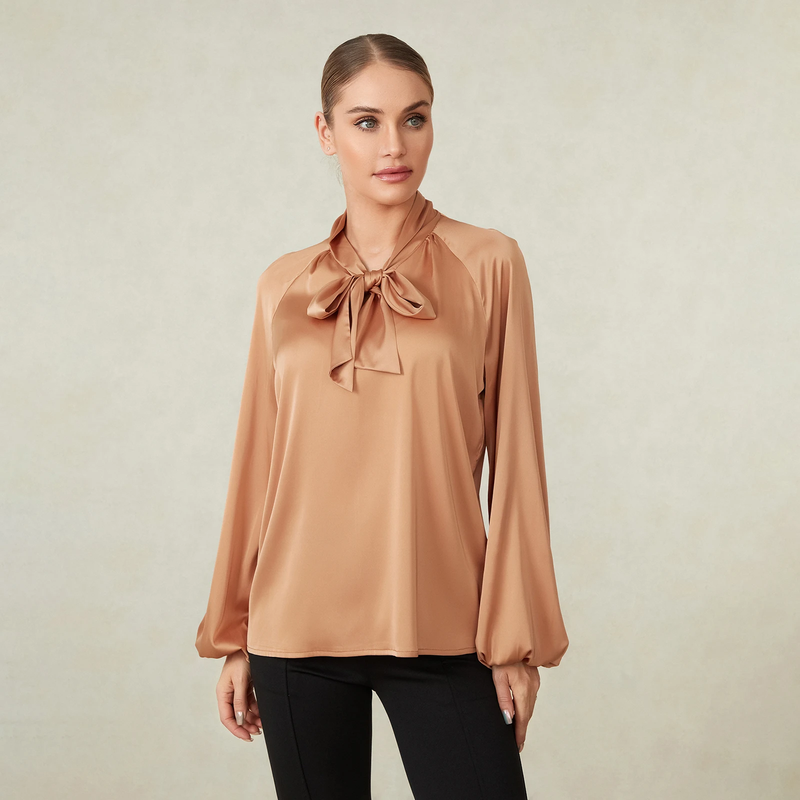 

Women Satin Blouse Elegnat Long Sleeve Tie-up Loose Solid Color Spring Fall Pullover Tops for Daily Office