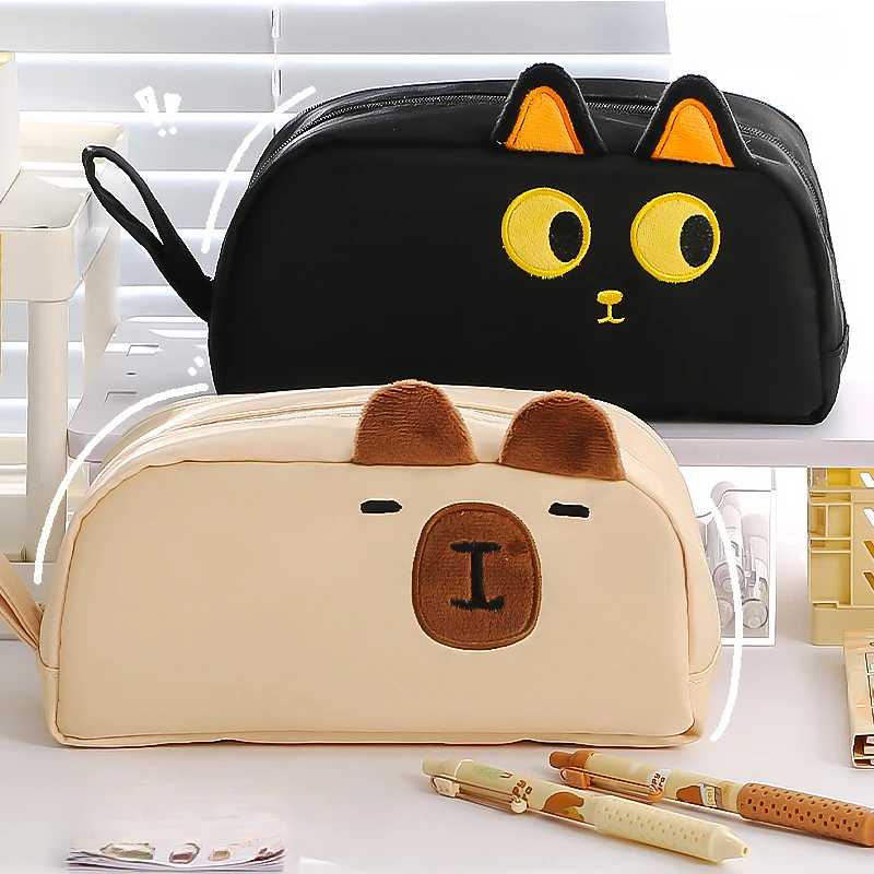 Trousse à crayons chat tendance, grande capacité, avec oreilles en peluche, pour fournitures scolaires, mignonne, pour filles