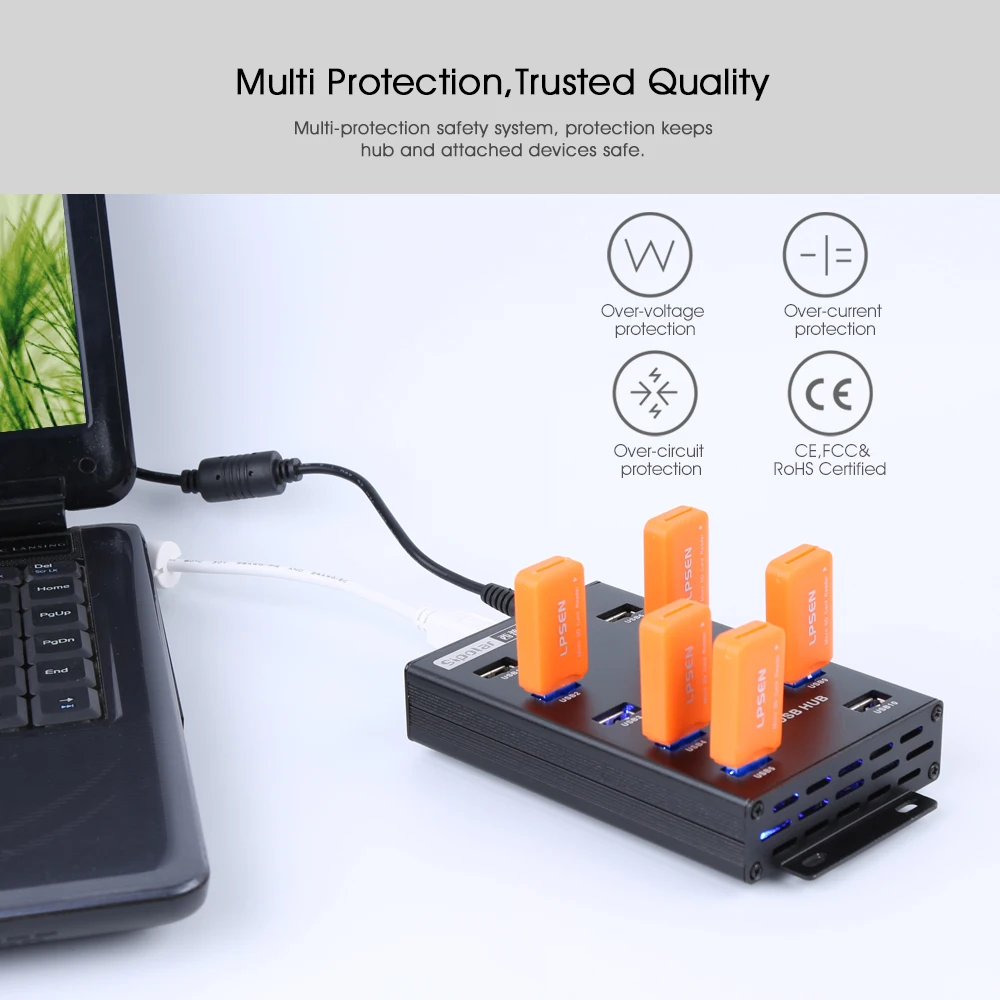 A300 10 Port USB 2.0 Hub Splitter Rack High Speed 12V 5A ROHS Certified Metal for Smartphone Laptop PC