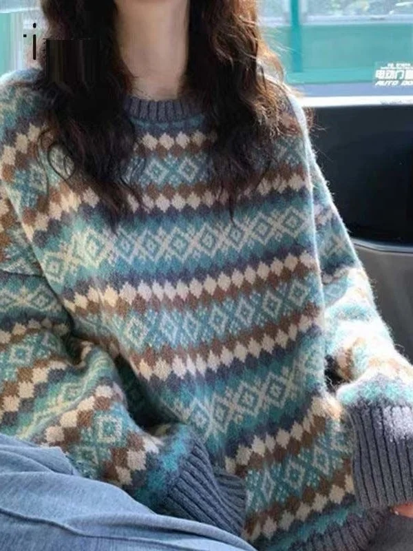 Damen-Sweatshirt mit Retro-Rautenmuster, lockerer langer Swe-Pullover, bequemes Strickoberteil für die Frühlingssaison, lässige Pendelkleidung