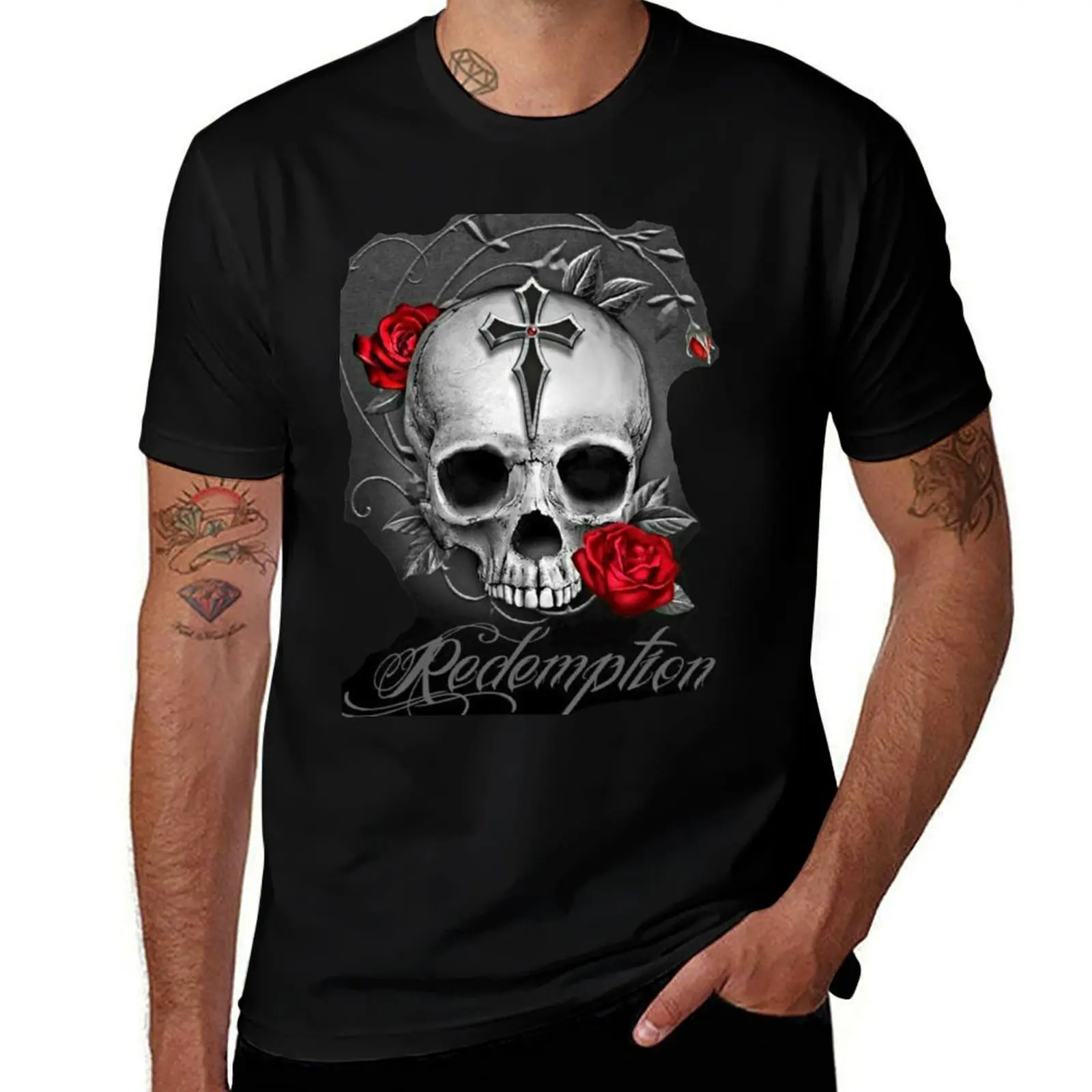 T-shirt imprimé Redemption Skull avec roses, T-shirt à porter au quotidien
