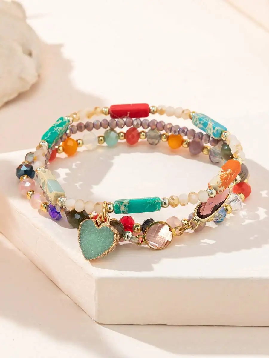 

3pcs Heart Charm Crystal Beaded Bracelet For Women Bohemian Style Gift