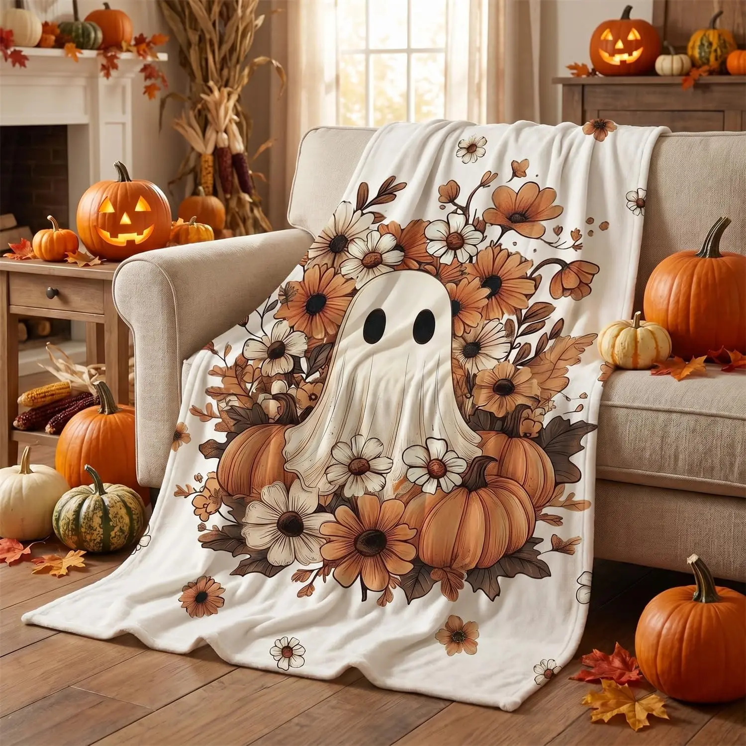 Horaldaily Halloween Pumpkin Flower Ghost Flannel Throw Blanket 50x60