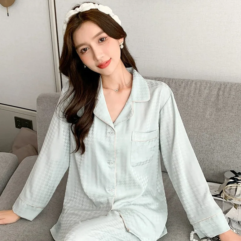 Women\'s Pajama Set Spring Autumn 2 Piece Plaid Print Pyjama Faux Silk Satin Sleepwear Long Sleeve Pijama Mujer Pjs Homewear