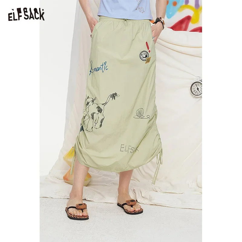 ELFSACK 2025 Summer New Arrivals Graffiti Pattern Drawstring  Chic Long Skirt For Women
