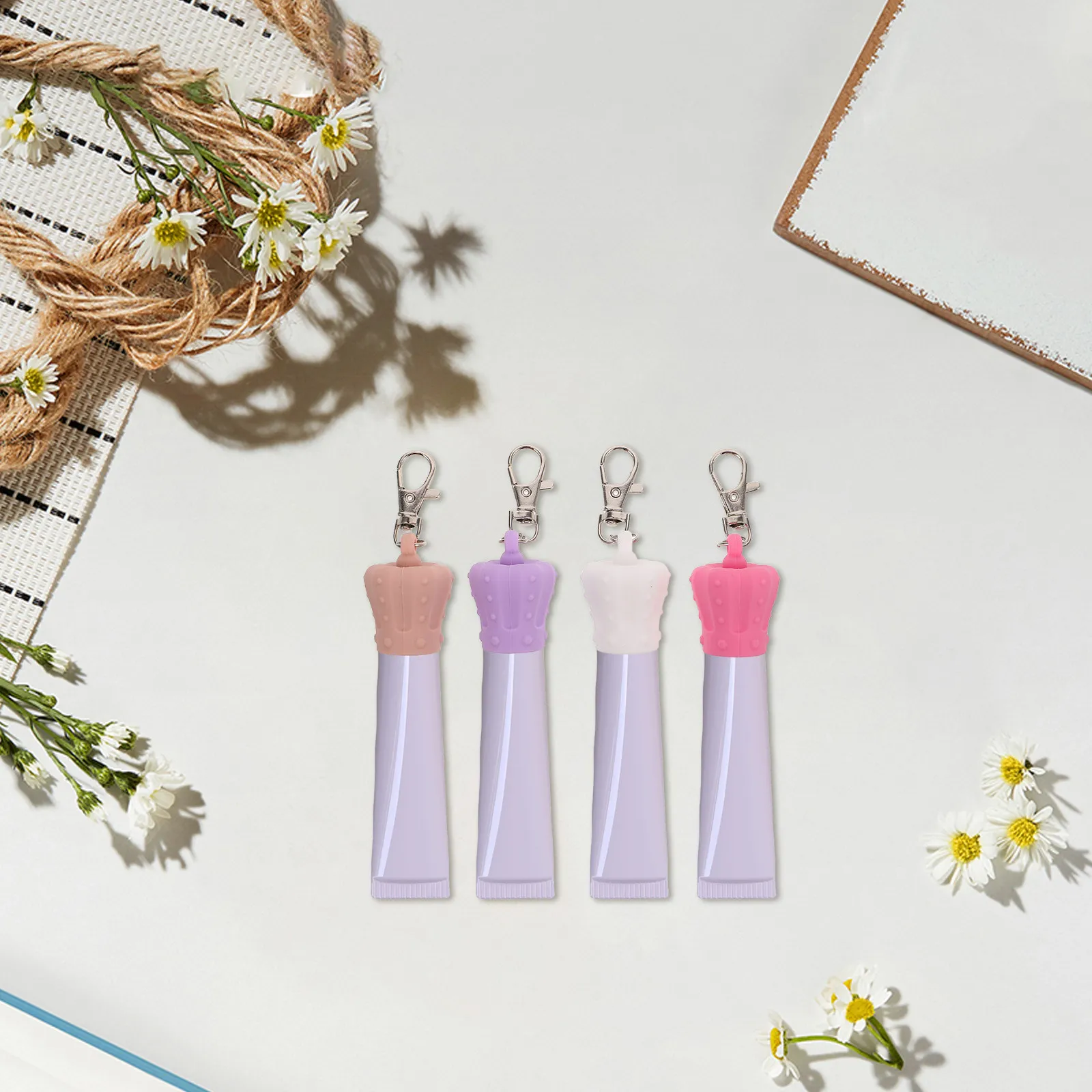4Pcs Reusable Silicone Lip Gloss Keychain Holder Replacement Lids Stylish Leakproof Cap for Lip Gloss Tubes Portable Keychain