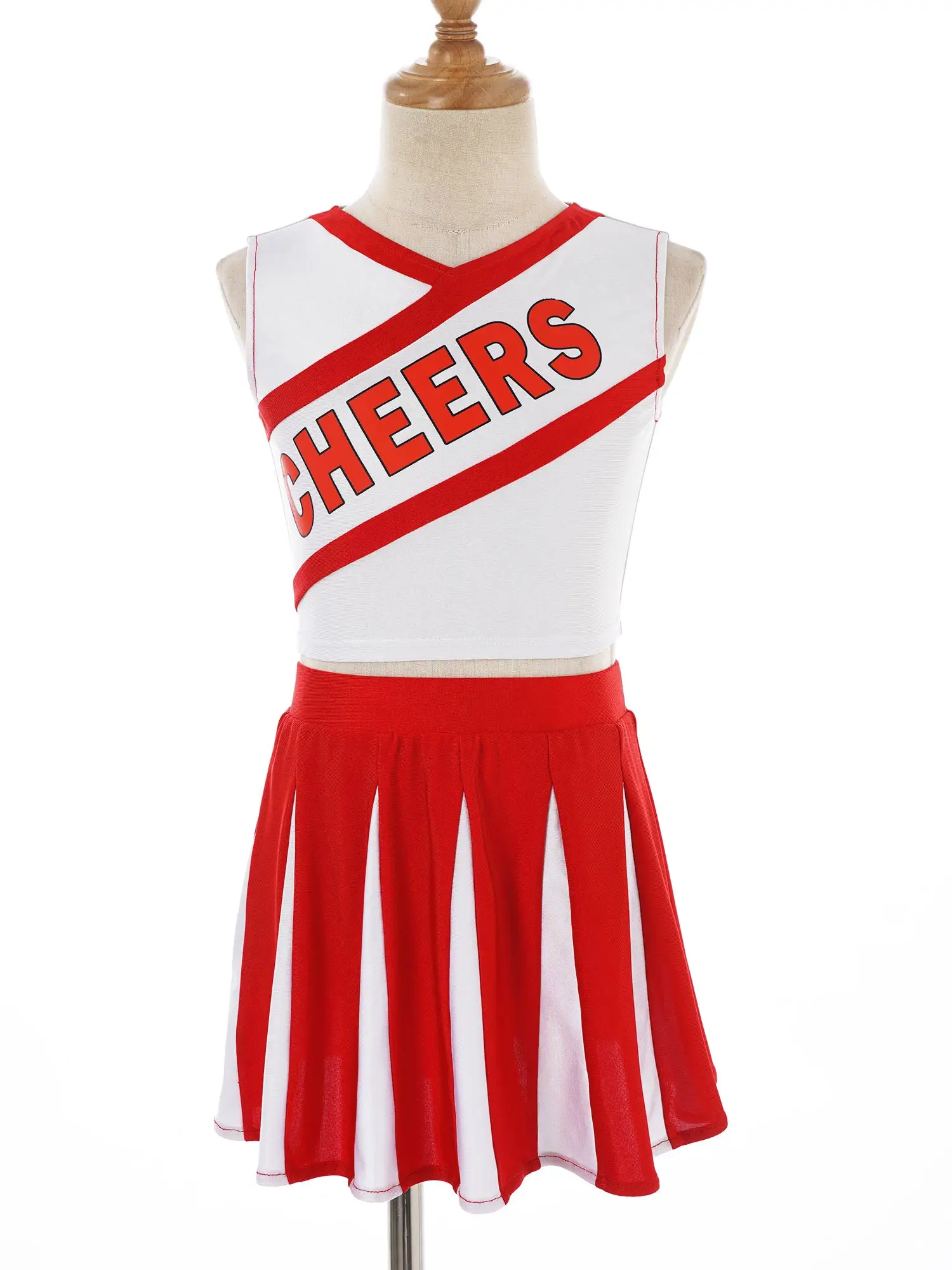 2Pcs Kids Girls Cheer Uniform Cheerleader Dance Costume senza maniche scollo a V stampa lettera Crop Top con set di gonne di colore a contrasto