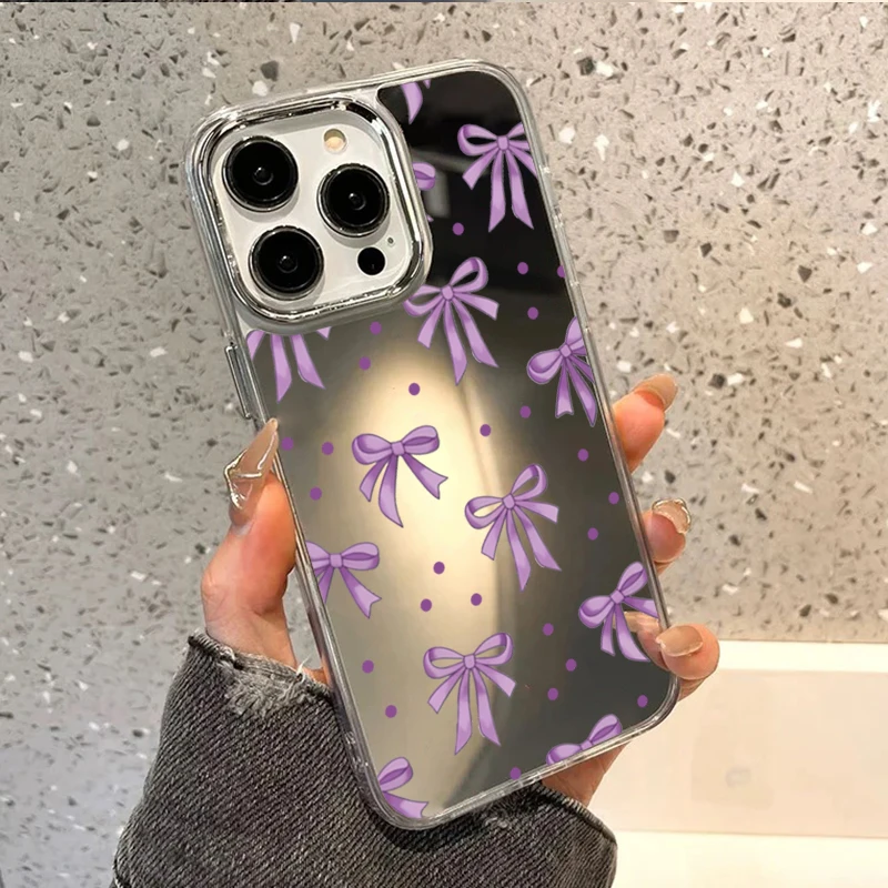 Милый фиолетовый чехол для телефона с бантом и зеркалом в горошек для iPhone 11 12 13 14 Pro 15 16 Plus 17 Pro Max 16E, противоударный, эстетичный