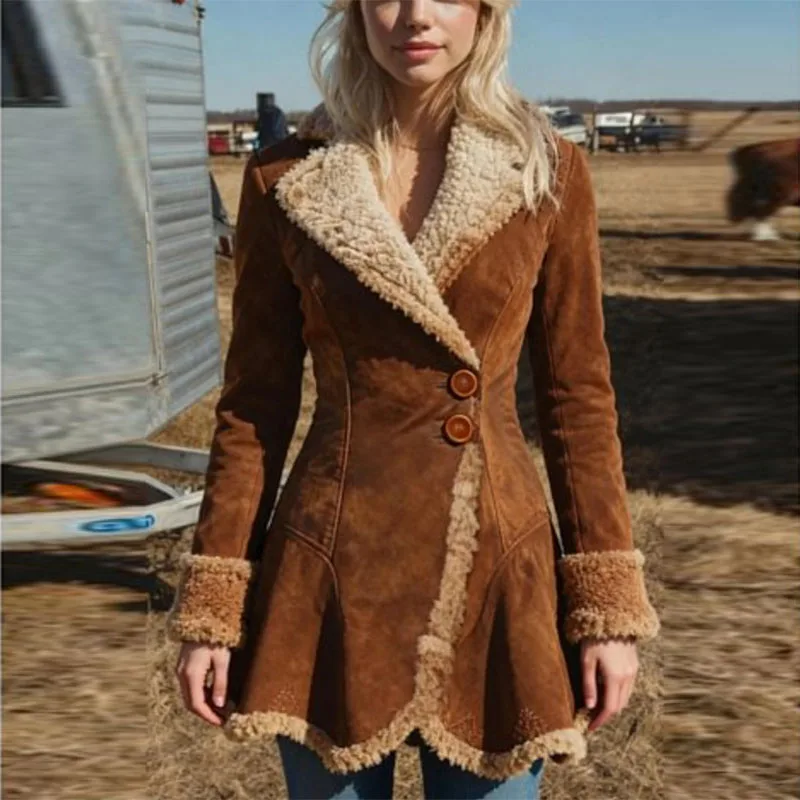 معطف نسائي عتيق بني من قماش الدنيم الغربي للخريف والشتاء معطف دافئ عصري مقاوم للرياح سترة واقية بقصة ضيقة