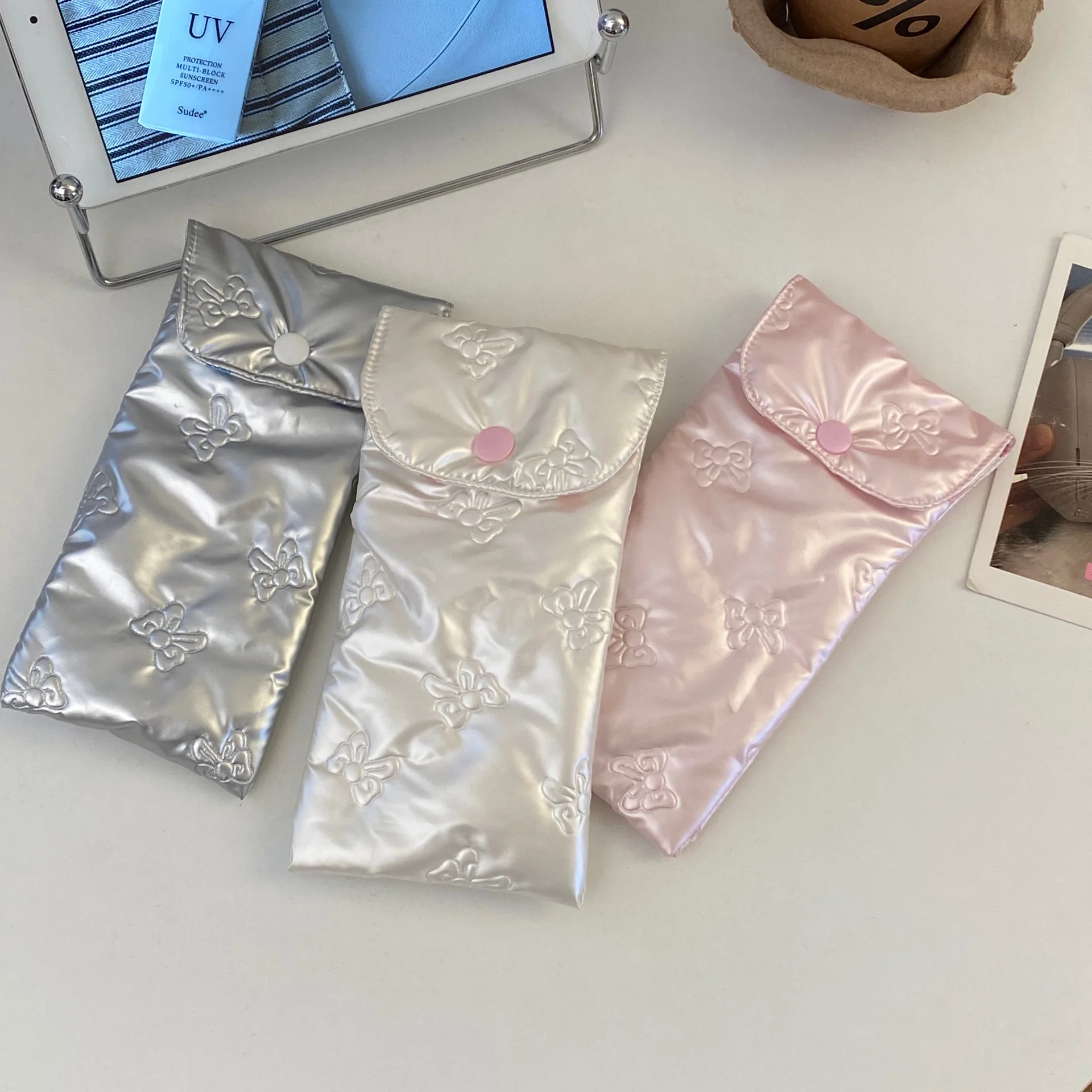 حافظة نظارات مضادة للضغط، حافظة نظارات شمسية بفيونكة محمولة من جلد البولي يوريثان، حقيبة تخزين نظارات قطنية عصرية للفتيات #3